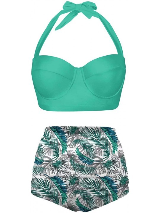 Sets Womens Halter Retro Tropical Leaves Summer Pattern SwimsuitsTwo Piece High Waisted Bikini - Green Mint-2 - C1196N73Y84 $...