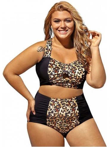 Sets 2 PC Plus Size Colorblock Leopard Cropped Crop Bikini Top and Highwaist Ruched Bottom Swimsuit Set - Black - CT188TEDGXG...