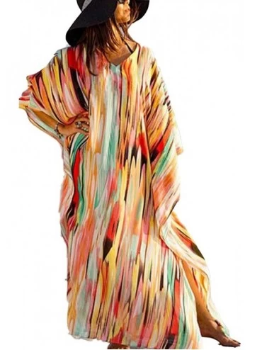 Cover-Ups Women's Rainbow Print Kaftan Dresses Chiffon Sheer Side Split Turkish Kaftans Batwing Sleeve Summer Maxi Beach Dres...