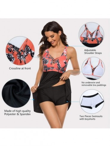 Tankinis Women's Tankini Swimsuit Floral Print Two Piece Bathing Suit Swimdress Plus Size Swimwear - New 2 Black & Orange - C...