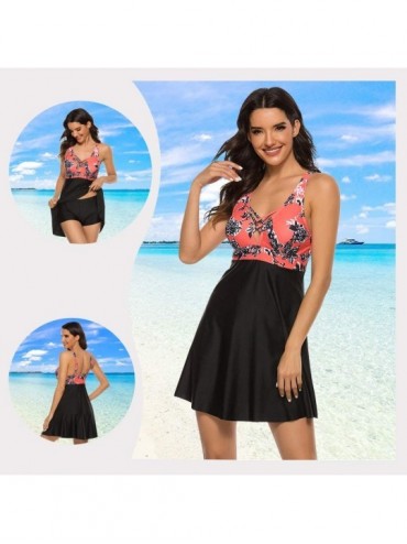 Tankinis Women's Tankini Swimsuit Floral Print Two Piece Bathing Suit Swimdress Plus Size Swimwear - New 2 Black & Orange - C...