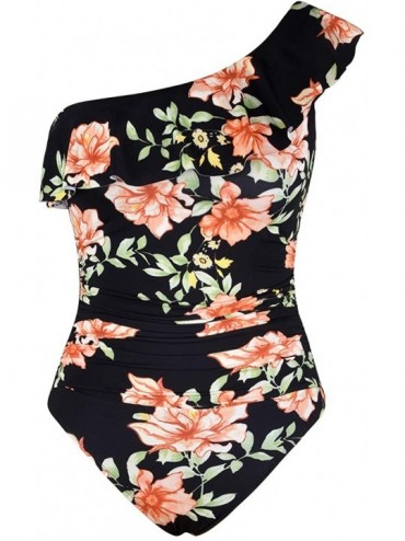 One-Pieces Women's One Piece Swimsuits One Shoulder Swimwear Asymmetric Ruffle Monokinis Bathing Suits - Black Floral - CK18Z...