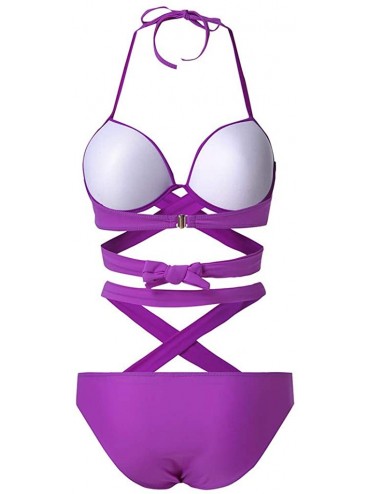 Racing Women's One Piece Swimwear Solid Cut Out Backless Tummy Control Halter Monokini Bikini Swimsuits Beachwear Purple - CH...