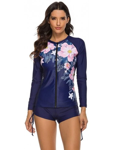 Bottoms Womens Long Sleeve Rashguard Swimsuit Sport Swimwear Tankini Set - Blue2 - CK196D7L6O6 $22.22