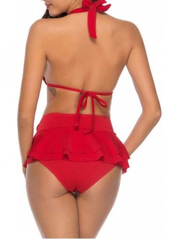 Sets Women Two Piece Ruffled Swimsuit Bathing Suits Beach Swimwear Bikini Tankini Set - Red - CF18R5U6MXE $12.69