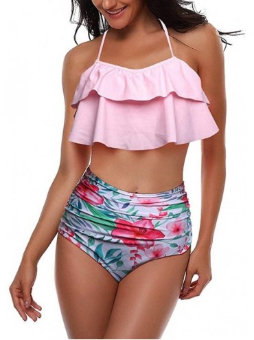 Sets Swimsuit for Women Two Pieces Top Ruffled Backless Racerback with High Waisted Bottom Tankini Set - Pink - C2194WAW3EY $...