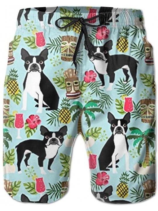 Board Shorts New Boston Terrier- Palm Trees Summer Holiday Men's Beach Pants-Shorts Beach Shorts Swim Trunks - White - CY18C0...