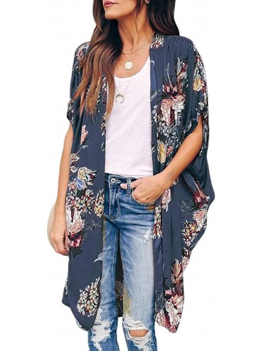 Cover-Ups Womens Floral Kimono Duster Cardigans Short Sleeve Draped Oversized Beach Cover Up Cape - Blue - CW193LKS0GQ $37.54