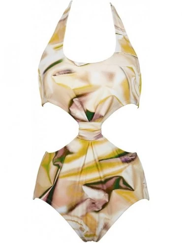 One-Pieces Women Printed Monokini Swimwear- Cutout One Piece Swimsuit- High Waisted Halter Beachwear - Yellow - CK18C8LS4OK $...