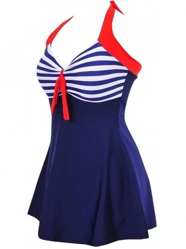 One-Pieces Women's Plus Size Swimwear - Vintage Halter Neck One-Piece Swimdress - Red-white-blue - CF18QW0DOC0 $54.22