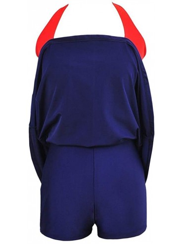One-Pieces Women's Plus Size Swimwear - Vintage Halter Neck One-Piece Swimdress - Red-white-blue - CF18QW0DOC0 $24.51