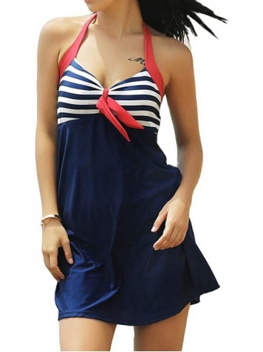 One-Pieces Women's Plus Size Swimwear - Vintage Halter Neck One-Piece Swimdress - Red-white-blue - CF18QW0DOC0 $24.51