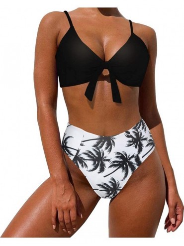 Sets Women's Two Piece Top Tie Knot Crop Top Bikini High Waisted Swimsuit - Black Print - CP18Y86EAUR $33.62