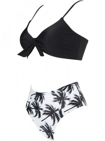 Sets Women's Two Piece Top Tie Knot Crop Top Bikini High Waisted Swimsuit - Black Print - CP18Y86EAUR $21.24