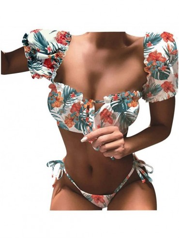 Sets Two Piece Swimsuits for Women Women's Straps Puff Sleeve Tank Top Strappy Lace Up Bikini Bottom Sxey Bikini Set Orange -...