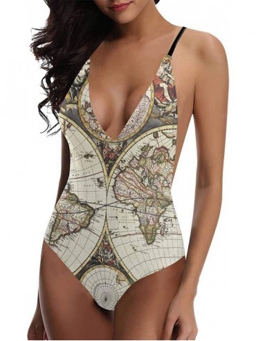 One-Pieces Vintage World Map V-Neck Women Lacing Backless One-Piece Swimsuit Bathing Suit XS-3XL - Design 5 - C618SCOGXZ7 $65.10