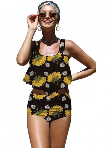 Sets Womens Colorful Sunflowers Botany Print Flounce Bikini Push up High Waisted Swimsuits - Black-2 - CG196MCUUEK $61.01