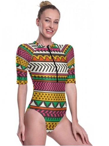 Rash Guards Womens Zip Front Rash Guard Swimwear Printed Half Sleeve One Piece Swimsuit - Color3 - C8190N34Y3S $22.21
