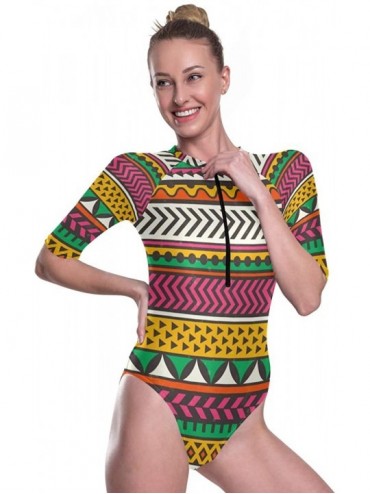 Rash Guards Womens Zip Front Rash Guard Swimwear Printed Half Sleeve One Piece Swimsuit - Color3 - C8190N34Y3S $22.21