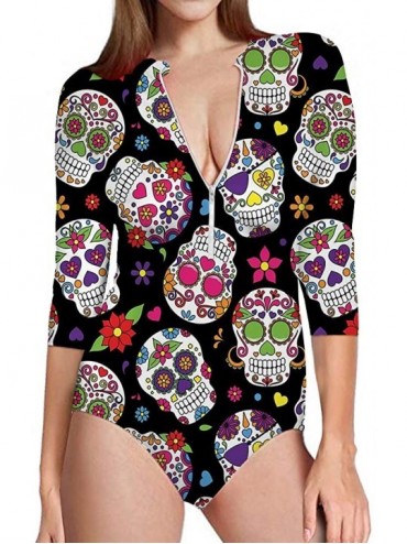 One-Pieces Women's Rashguard Long Sleeve Zip UV Protection Print Surfing Swimsuit Swimwear Bathing Suits - Skull - CX18R7MNX4...