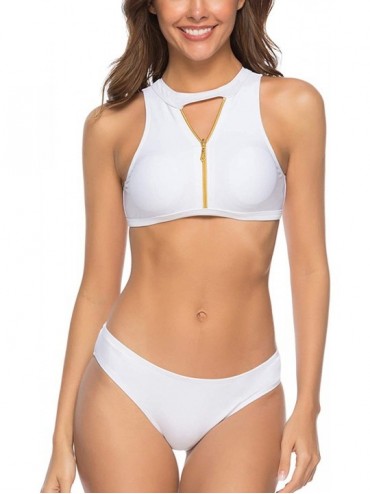 Sets Women's Zip Bikini Set Crop Top High Cut Swimsuit Slimming 2 Piece Bathing Suit - White - C518NUWG749 $21.03