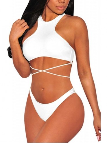 Sets Women's Strappy Back High Neck Lace-up Bikini Set Bathing Suit - White - CK18Q8G3756 $36.48