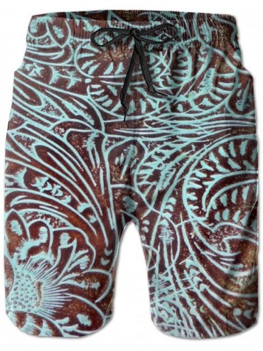 Board Shorts Toolin in Teal Brown Western Rustic Tooled Cowboy Men's Casual Beach Shorts Swimming Trunks Pants with Pockets -...