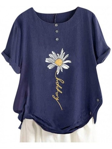 Sets Women's Short Sleeve Blue Casual Floral-Print Round Neck Shirts Tops - Blue - CA199AXUTNC $47.39