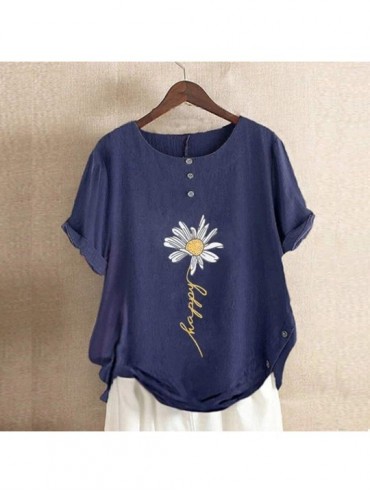 Sets Women's Short Sleeve Blue Casual Floral-Print Round Neck Shirts Tops - Blue - CA199AXUTNC $25.27