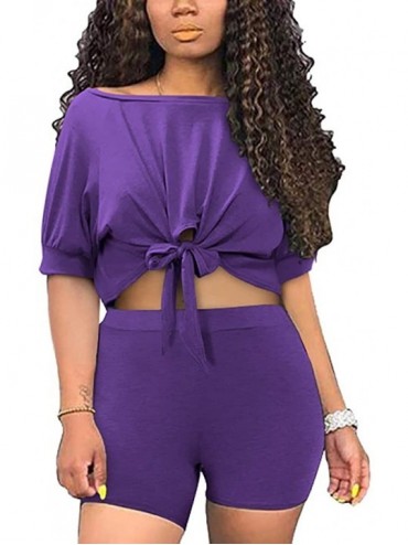 Sets 2 Piece Outfits for Women - Sexy Two Piece Sets Tie Front Crop Top + Skinny Pants Jumpsuits - Purple-boat Neck - C2198O5...