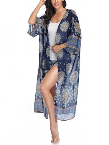 Cover-Ups Womens Long Chiffon Floral Kimono Cardigans Loose Blouse Summer Cover Ups - Mandala Flower - CA199AISYA7 $23.59