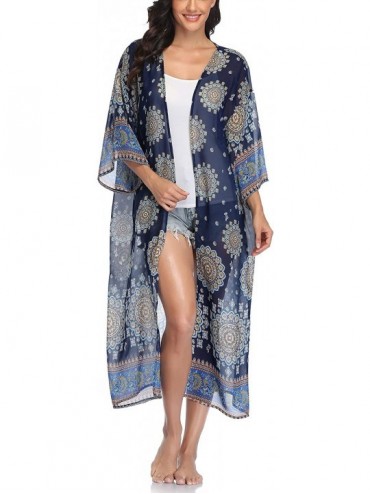 Cover-Ups Womens Long Chiffon Floral Kimono Cardigans Loose Blouse Summer Cover Ups - Mandala Flower - CA199AISYA7 $13.79