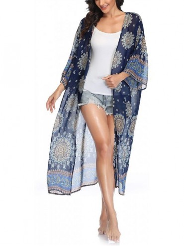Cover-Ups Womens Long Chiffon Floral Kimono Cardigans Loose Blouse Summer Cover Ups - Mandala Flower - CA199AISYA7 $13.79