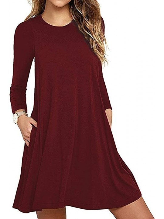 Cover-Ups Women's Summer T Shirt Dresses Sleeveless/Long Sleeve Loose Tank Beach Dress with Pockets Z wine Red long Sleeve - ...