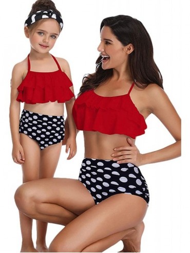 Sets Mom and Daughter Swimwear Straps Ruffle Floral Printed Two Pieces Swimsuit Bikini - Red/Dot - CO18NOX5Q80 $20.52