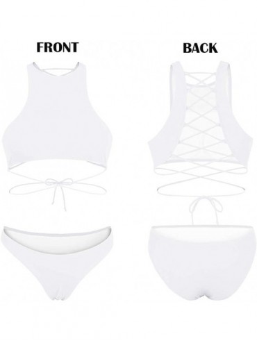 Sets Women's Strappy Back High Neck Lace-up Bikini Set Bathing Suit - White - CK18Q8G3756 $23.35