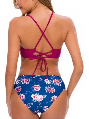 Sets Women Two Pieces Swimsuit High Waisted Floral Print Bottom Spaghetti Strap Halter Top Lace Up Bikini Set - Burgundy Flow...