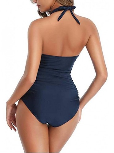 One-Pieces Women Swimwear One Piece Swimwear Slim Waist Backless Tummy Control Monokini Swimsuits Halter Neck Swimwear Blue -...
