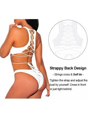 Sets Women's Strappy Back High Neck Lace-up Bikini Set Bathing Suit - White - CK18Q8G3756 $23.35