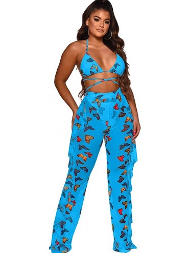 Sets Women's Bikini Ruffle Beach Jumpsuits - Sexy See Through Mesh Tie Dye Two Piece Outfits - Blue Butterfly - C919EK2KH0H $...