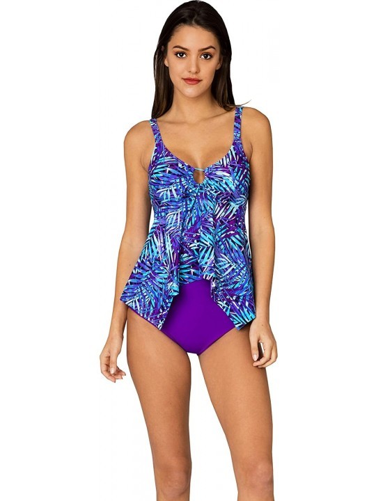Tankinis Tankini Set Bathing Suits Two Pieces Swimsuit Ruffled Backless Plus Size Printed - Purple Leaf - CP18TI370T6 $25.87