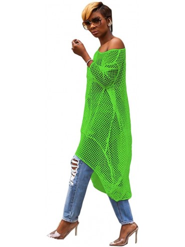 Cover-Ups Womens Sexy Half Sleeve O Neck Fishnet See-Through Bodycon Party Clubwear Beach Cover Up Shirts Dress - Green - CR1...