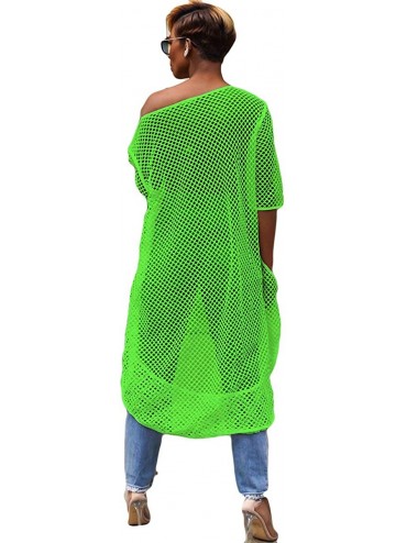 Cover-Ups Womens Sexy Half Sleeve O Neck Fishnet See-Through Bodycon Party Clubwear Beach Cover Up Shirts Dress - Green - CR1...