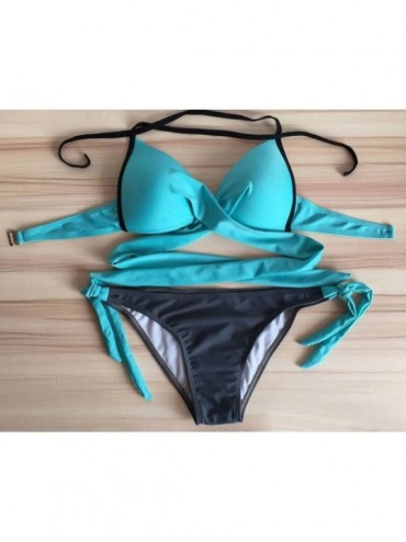 Sets Women's Bathing Suits Low Waist Swim Bottoms Padded Halter Bandage Bikini Two Piece Swimsuits - Sky Blue - C918OAURWLI $...