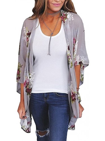 Cover-Ups Women Beachwear Cover Up Casual Long Sleeve Floral Print Chiffon Kimono Cardigan Summer Swimsuit Blouse Tops Gray -...