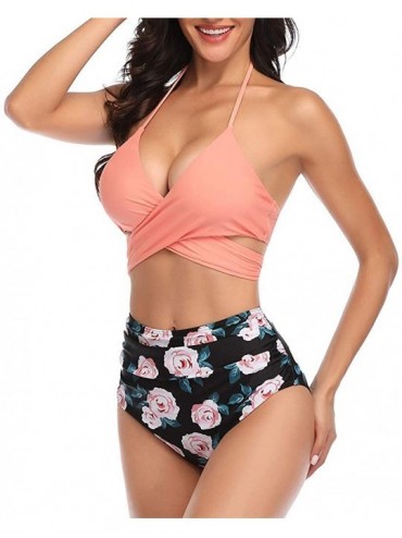 Sets Women Two Piece High Waisted Ruched String Halter Bikini Set Strappy Swimsuits - A-pink - CM194UZWQZD $14.23