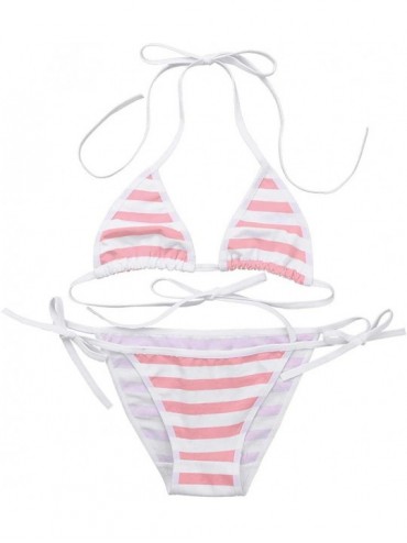 Sets Women Micro G-String Bikini 2 Piece Sliding Top Thong Small Bra - Pink Stripe - CZ18KK6CX0K $16.40