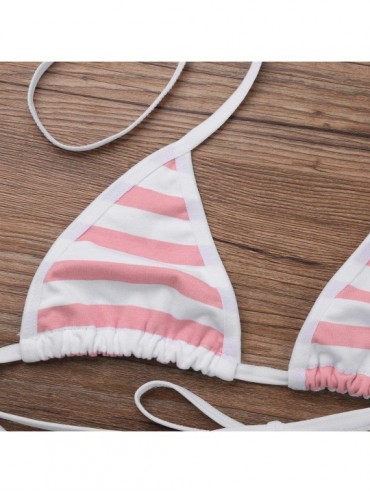 Sets Women Micro G-String Bikini 2 Piece Sliding Top Thong Small Bra - Pink Stripe - CZ18KK6CX0K $16.40