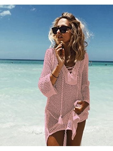 Cover-Ups Women's Fashion Swimwear Crochet Tunic Cover Up/Beach Dress - Pink2 - CY18C98UNYS $16.49