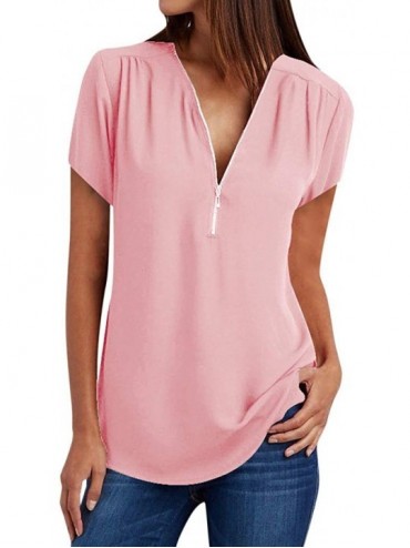 Tankinis 2020 Summer Flowy Fashion Zipper V-Neck Casual Tops T-Shirt Loose Tunic Tee Short Sleeve Shirt - Pink - CU18SNZQLSM ...